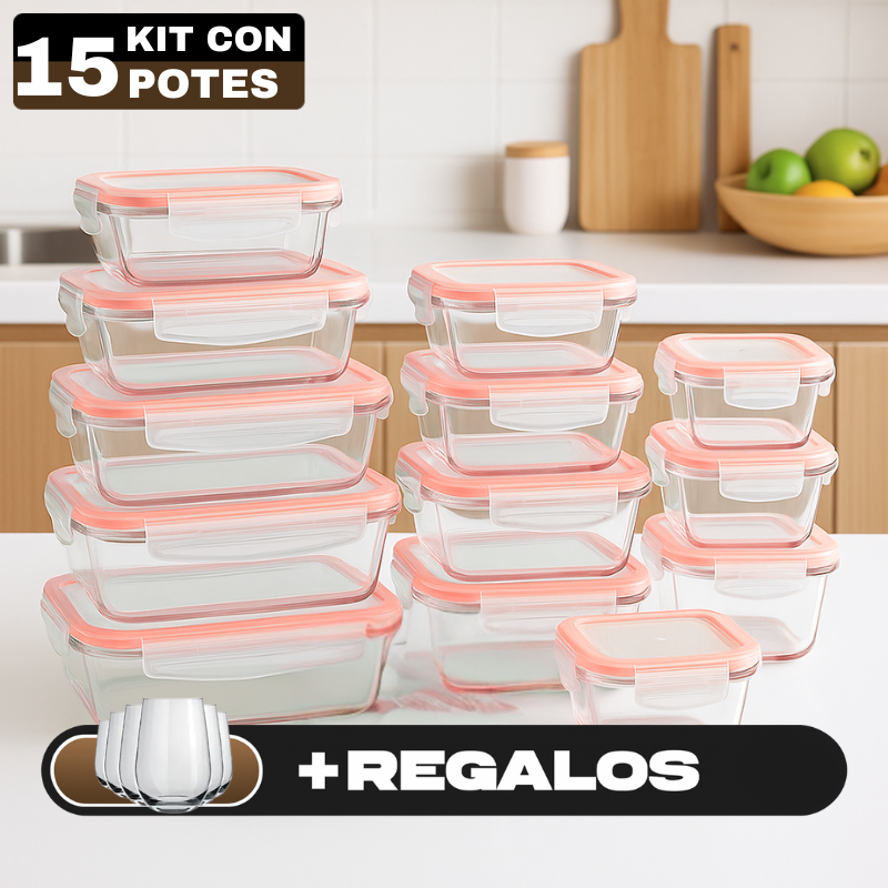 GlassAruba™ – Kit con 15 Potes Herméticos de Vidrio + 10 Vasos de Vidrio Aruba